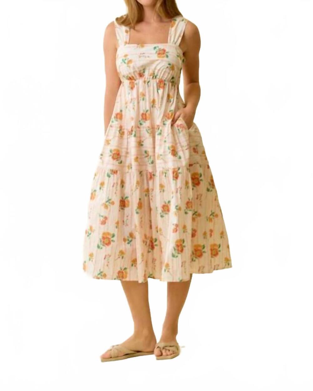NEW DOE AND RAE floral print smocked tiered midi dress in orange